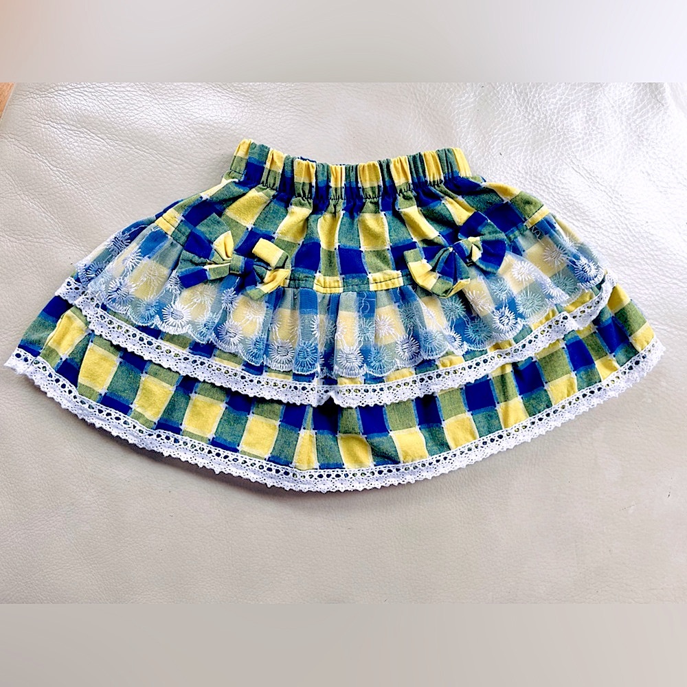 3/$25💥2T Handmade Cottagecore Tiered Skirt, Iridescent Lace, Blue & Yellow Plaid